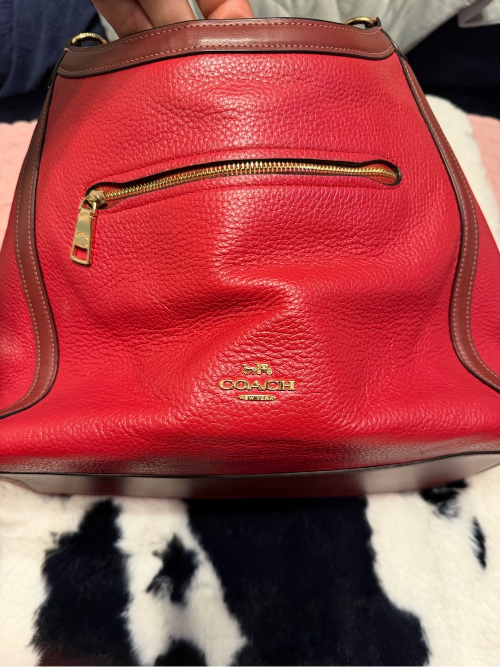 COACH Red Pebbled Leather Shoulder Bag with Brown Trim